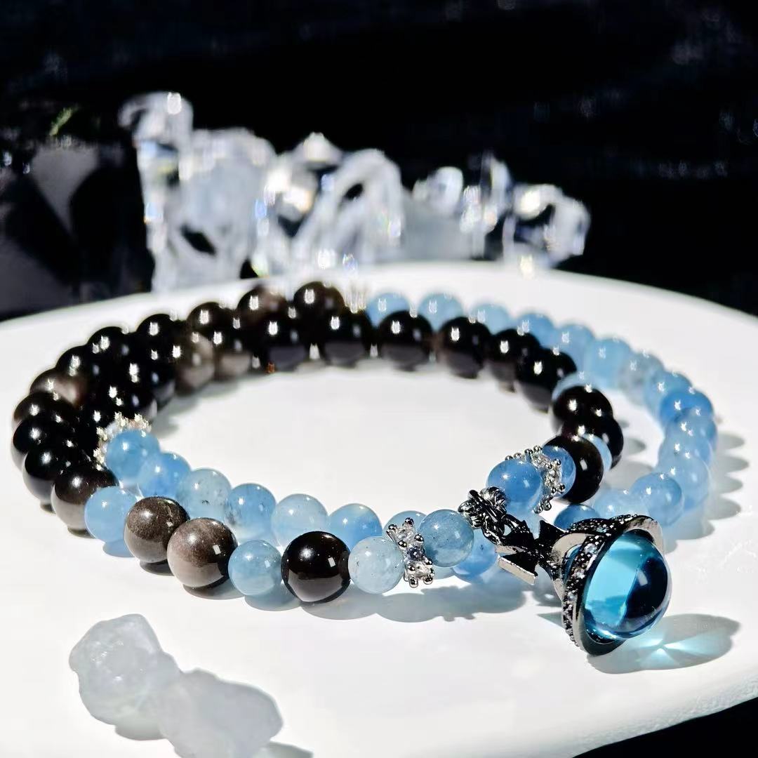 "The High Priestess" - Taro&Natural Crystal Bracelet - Aquamarine & Obsidian To Trust Your Intuitipon