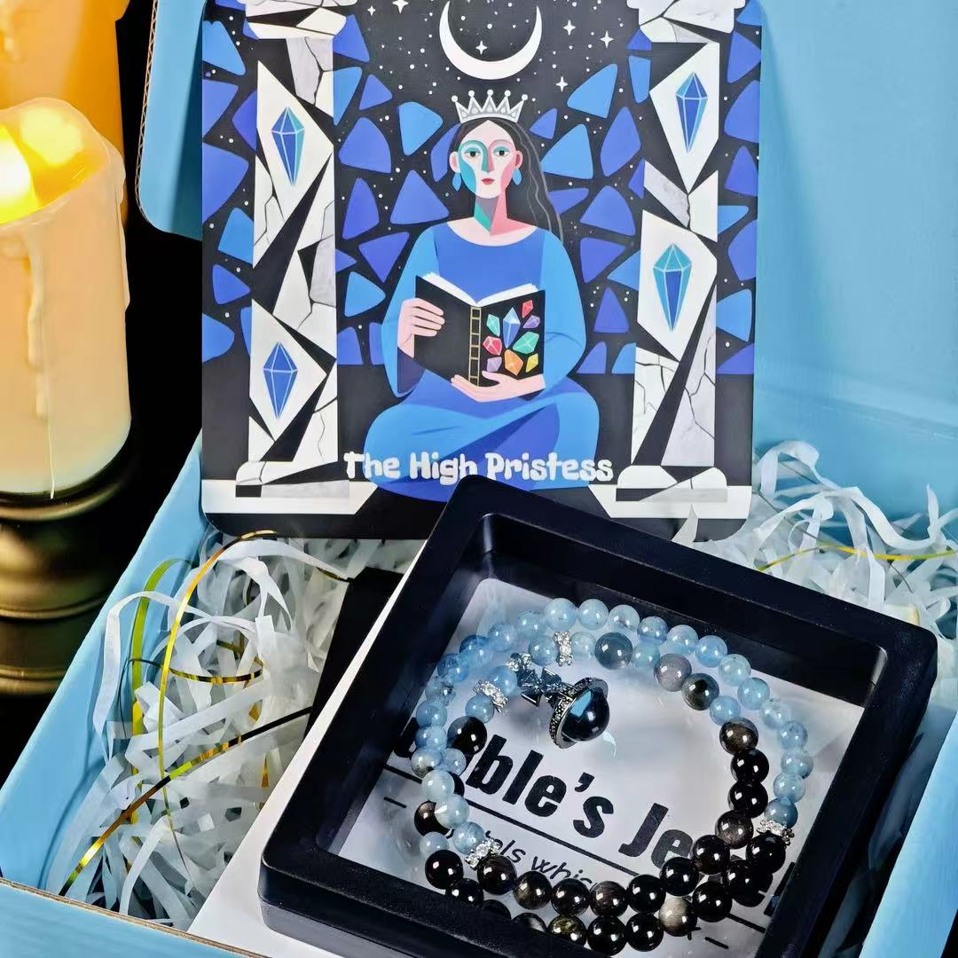 "The High Priestess" - Taro&Natural Crystal Bracelet - Aquamarine & Obsidian To Trust Your Intuitipon