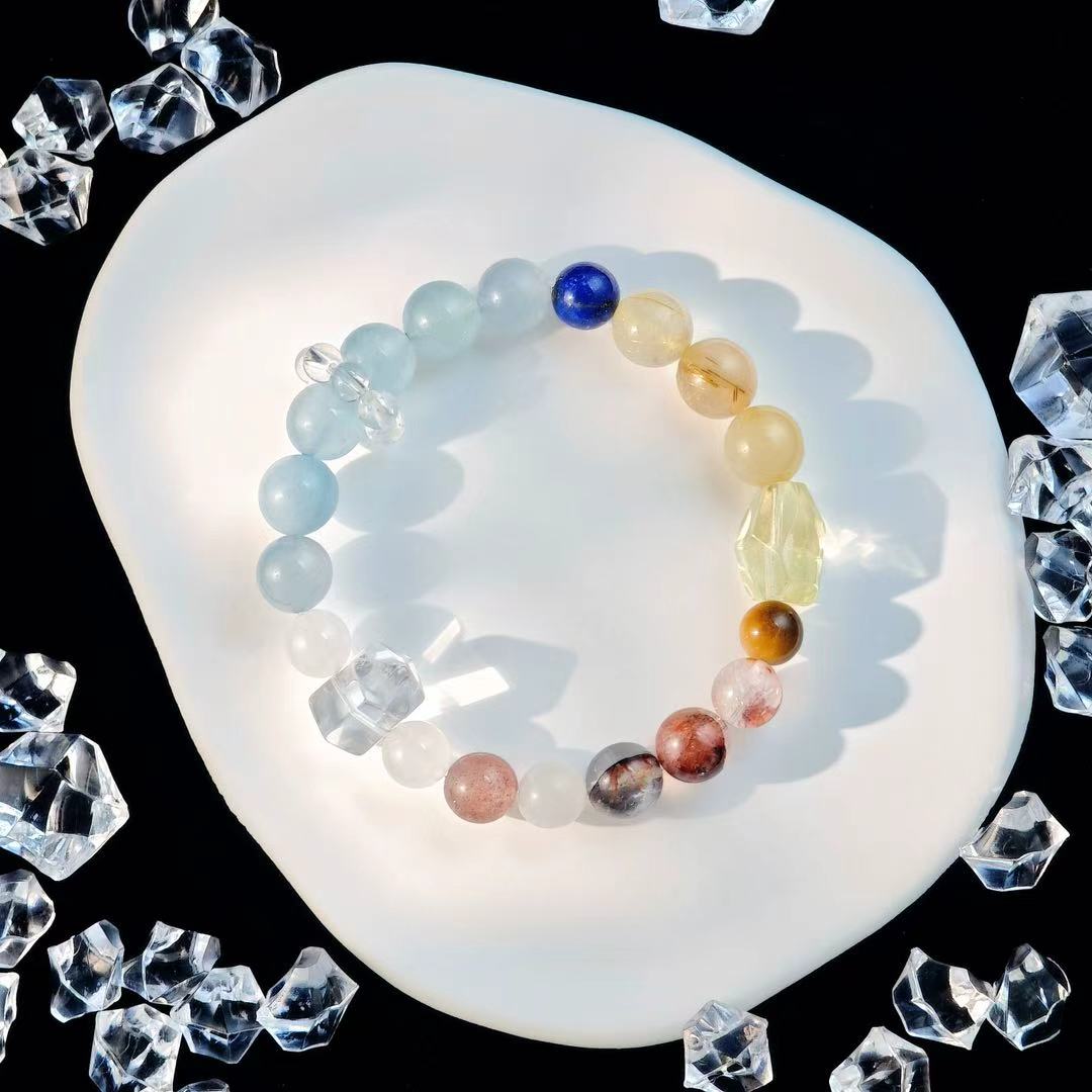 "The Hermit" - Tarot&Natural Crystal Bracelet - Rutilated Quartz & Aquamarine For Inner Reflectiion&Find Light