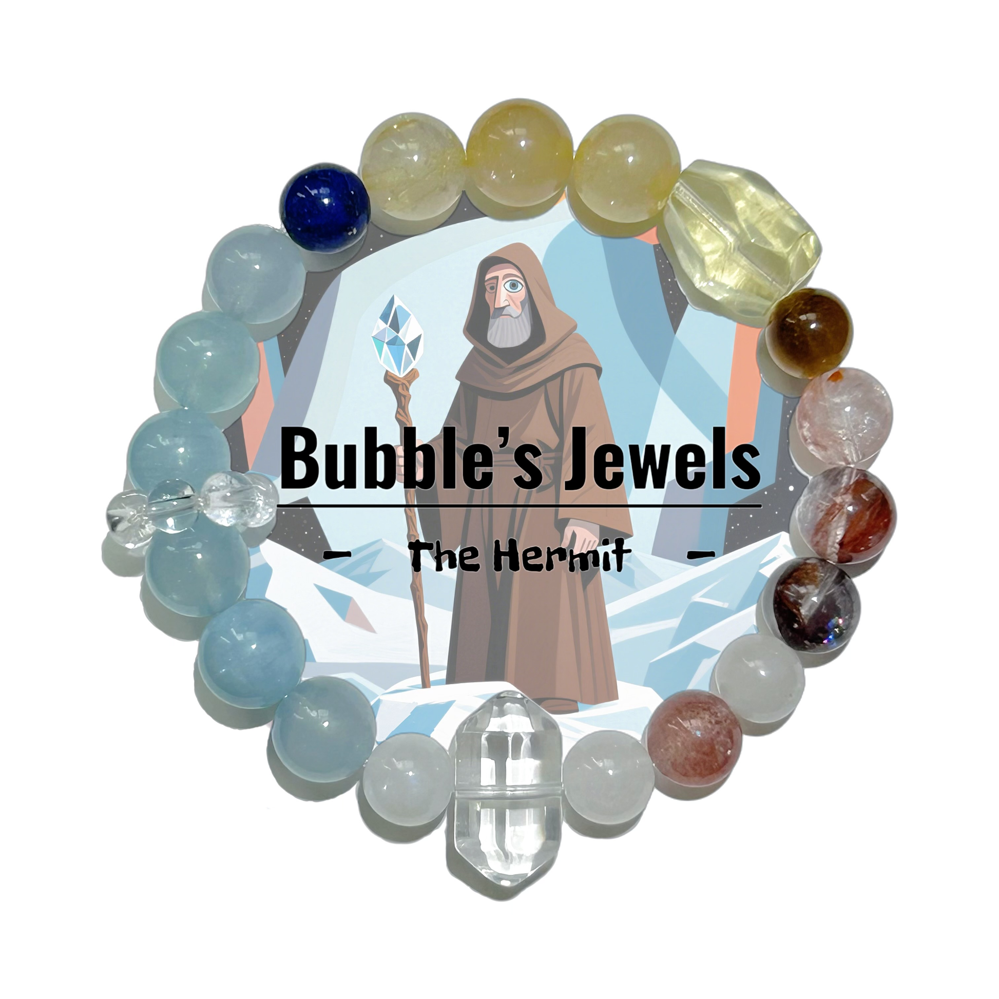 "The Hermit" - Tarot&Natural Crystal Bracelet - Rutilated Quartz & Aquamarine For Inner Reflectiion&Find Light