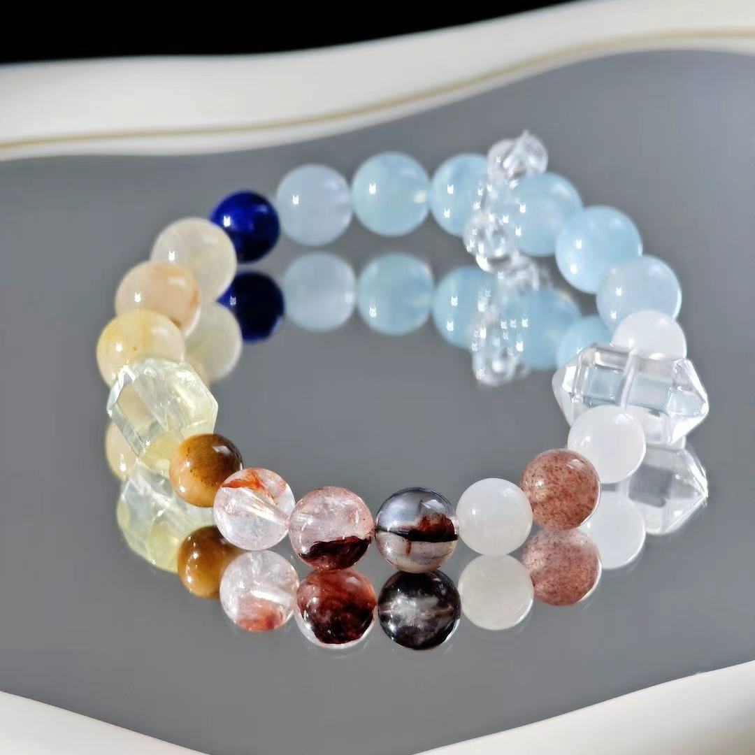 "The Hermit" - Tarot&Natural Crystal Bracelet - Rutilated Quartz & Aquamarine For Inner Reflectiion&Find Light