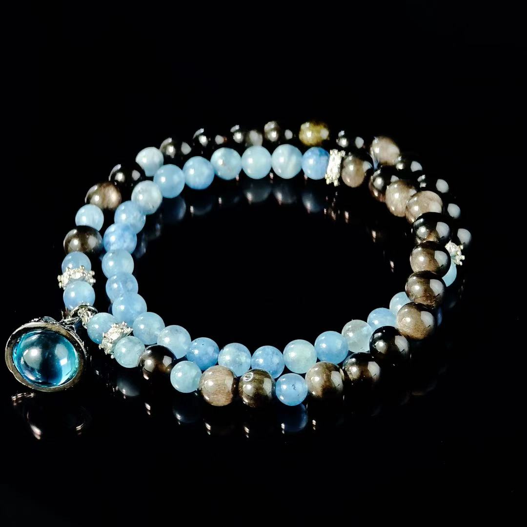"The High Priestess" - Taro&Natural Crystal Bracelet - Aquamarine & Obsidian To Trust Your Intuitipon