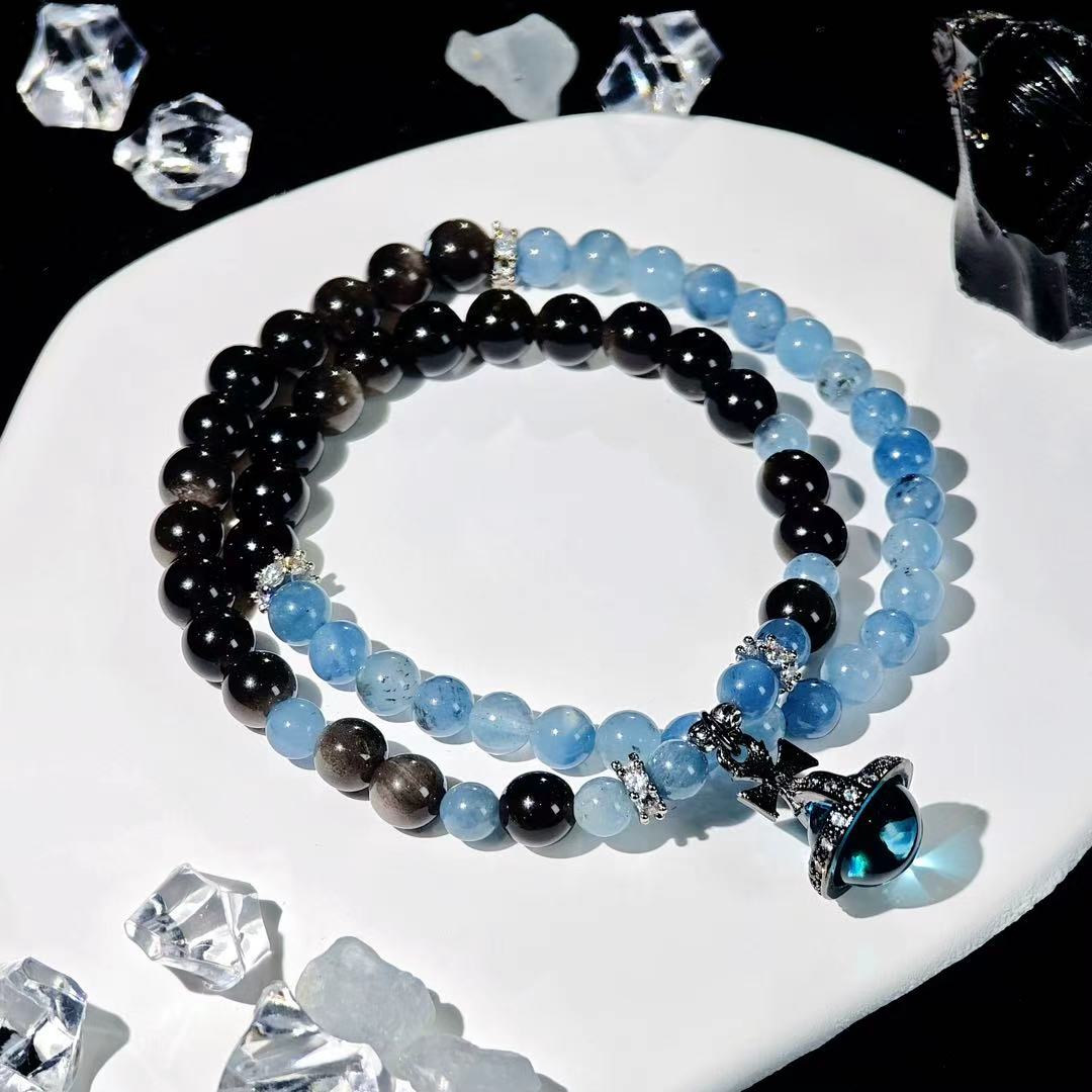 "The High Priestess" - Taro&Natural Crystal Bracelet - Aquamarine & Obsidian To Trust Your Intuitipon