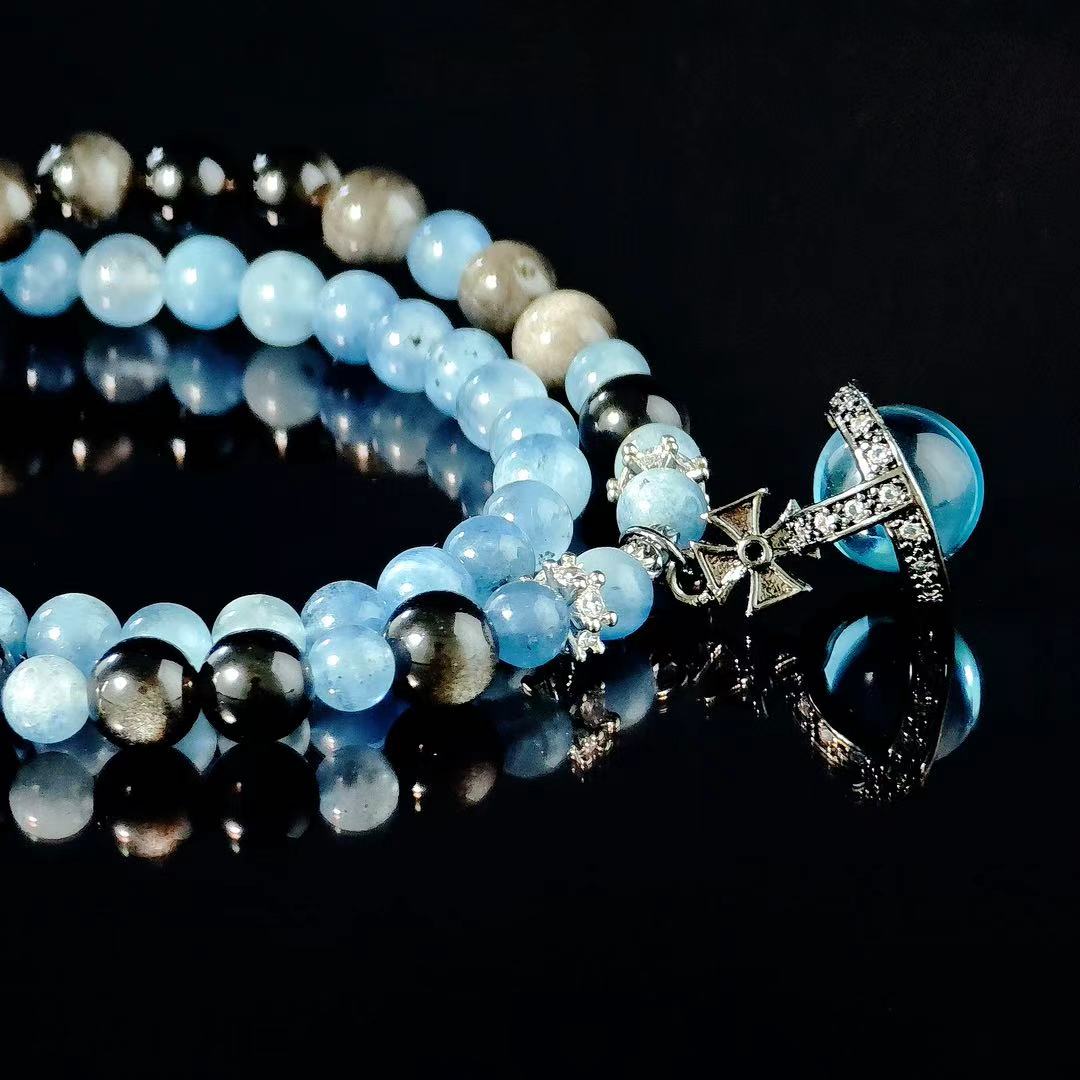 "The High Priestess" - Taro&Natural Crystal Bracelet - Aquamarine & Obsidian To Trust Your Intuitipon