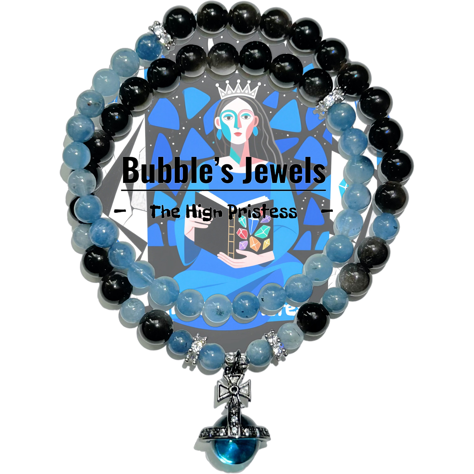 "The High Priestess" - Taro&Natural Crystal Bracelet - Aquamarine & Obsidian To Trust Your Intuitipon
