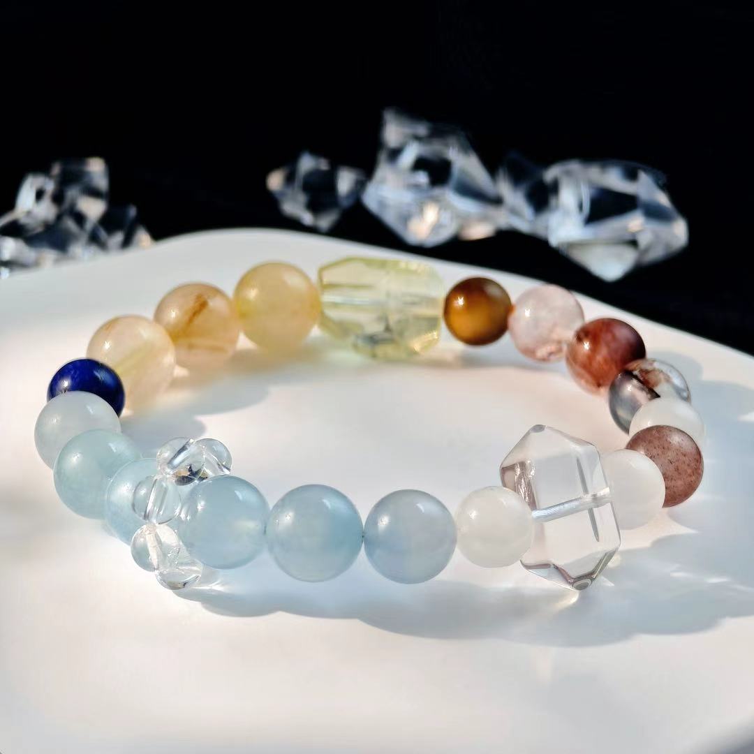 "The Hermit" - Tarot&Natural Crystal Bracelet - Rutilated Quartz & Aquamarine For Inner Reflectiion&Find Light