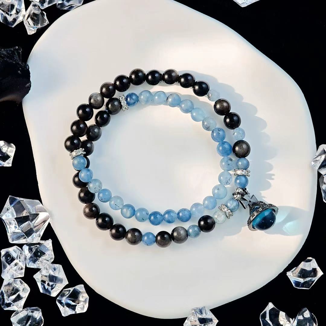 "The High Priestess" - Taro&Natural Crystal Bracelet - Aquamarine & Obsidian To Trust Your Intuitipon